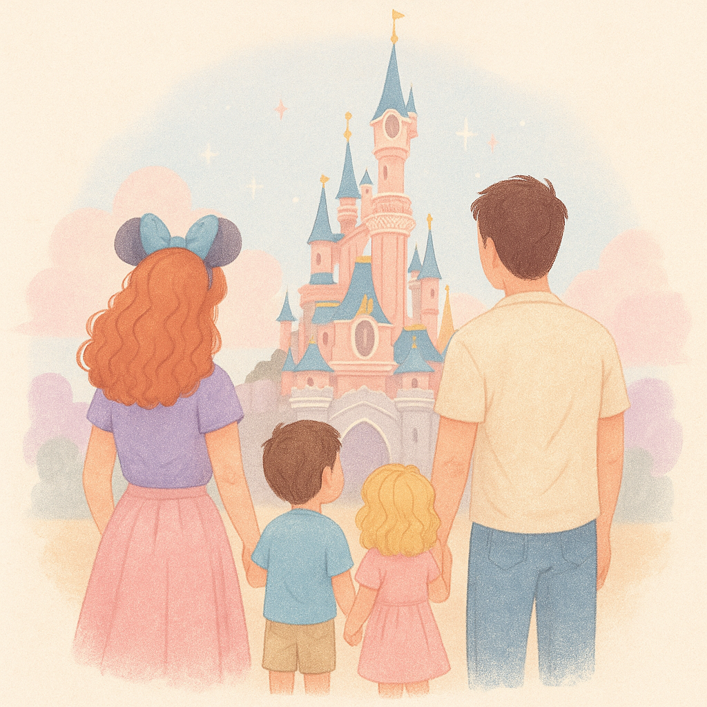 Familia frente al Castillo de Disneyland París – madre con diadema de Mickey, padre, niño y niña, ilustración estilo pastel